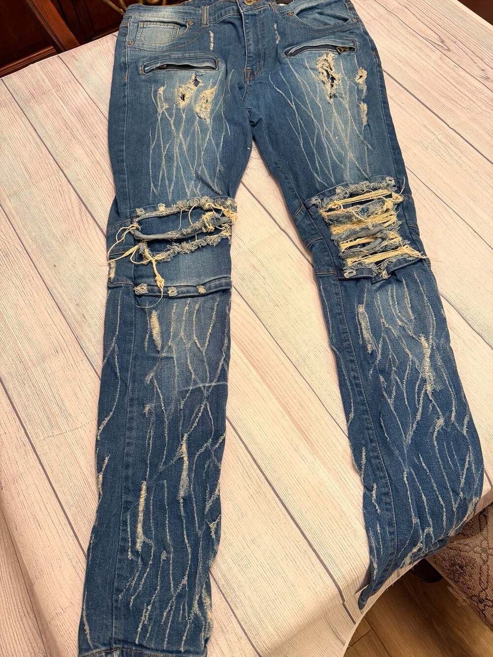 Focus Jeans Biker Distressed Slim 36x34 Blue Denim Pants